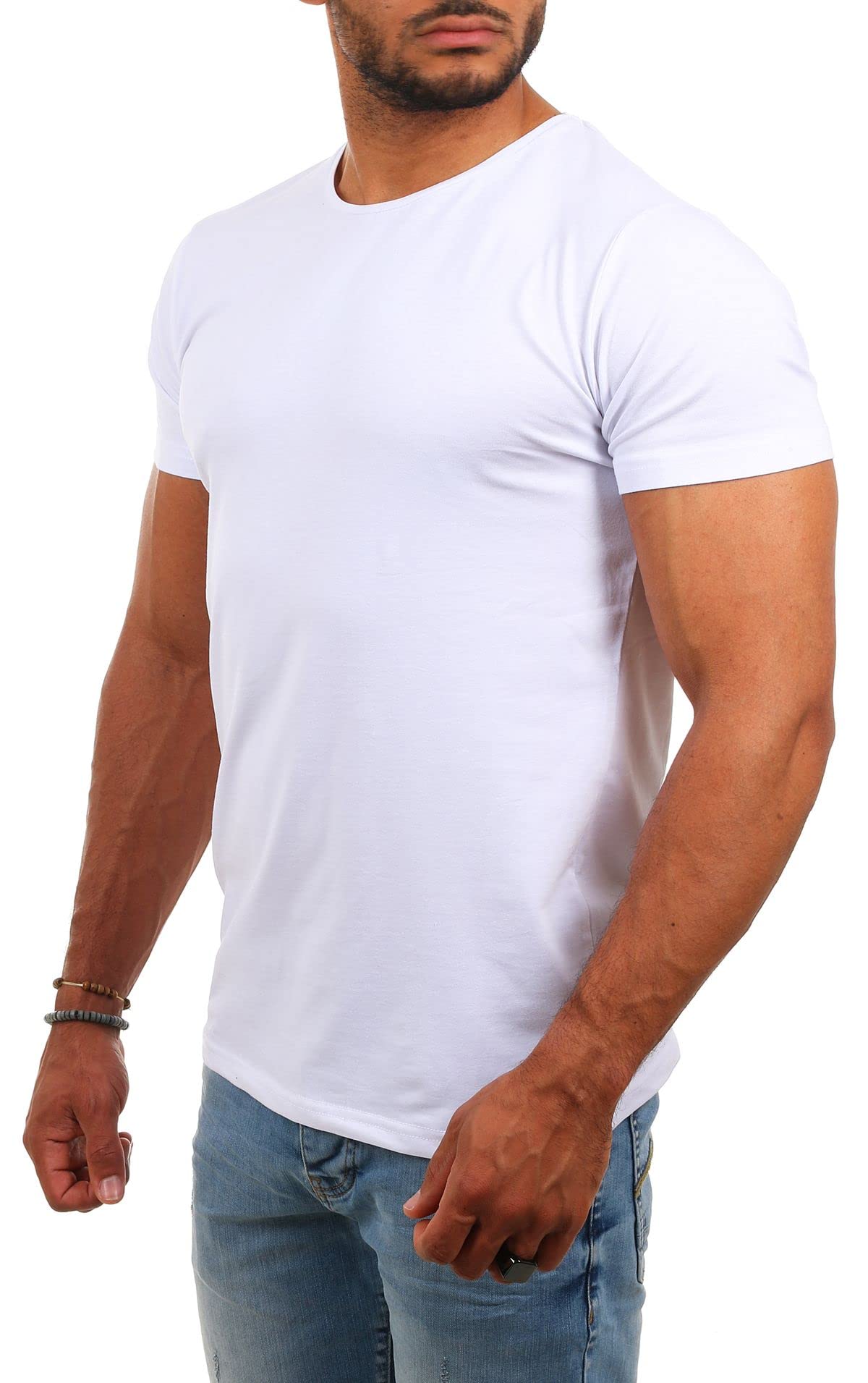 Young & Rich Herren Uni Basic T-Shirt mit Rundhals Ausschnitt einfarbig Stretch körperbetonte Dehnbare Passform 1701
