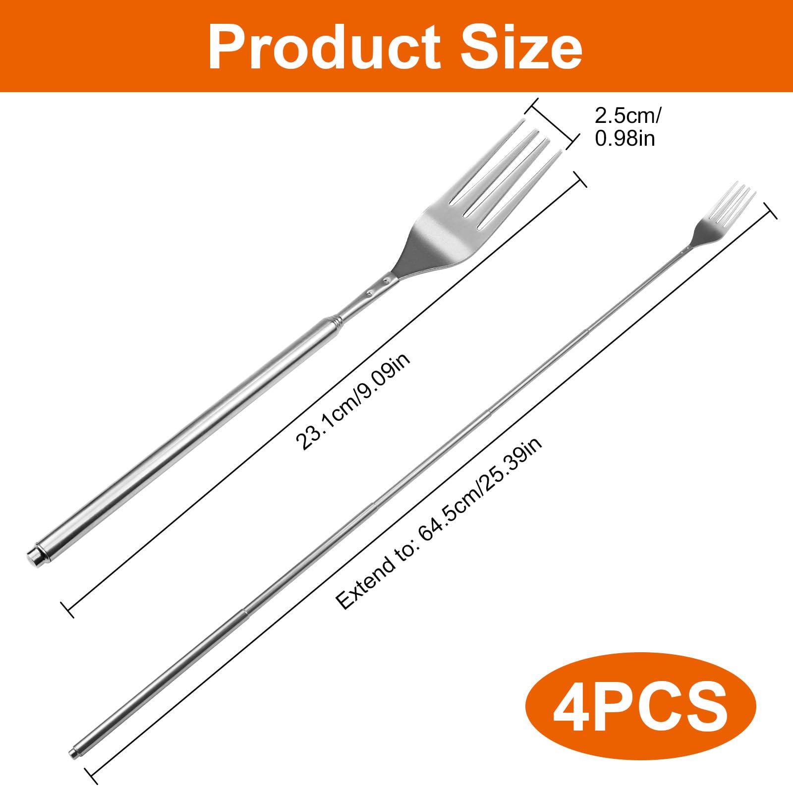 4 Pcs Forchetta Allungabile, Forchetta Telescopico in Acciaio Inox, Forchette Allungabili con Manico Regolabile 23–64,5 cm, Compatte per BBQ, Cucina, Frutta, Dessert
