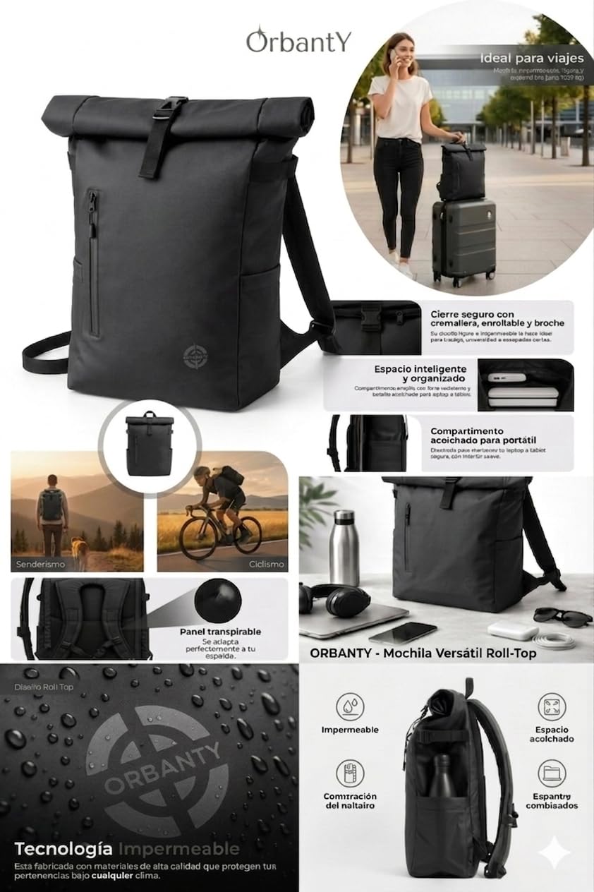 Mochila Enrollable Impermeable Rolltop Expandible 20-25L con Acceso Rápido Portátil, Casual Hombre Mujer, Ligera, Organizadores, Asa Torlley, Correas Acolchadas, Viaje, Trabajo, Universidad, Negra