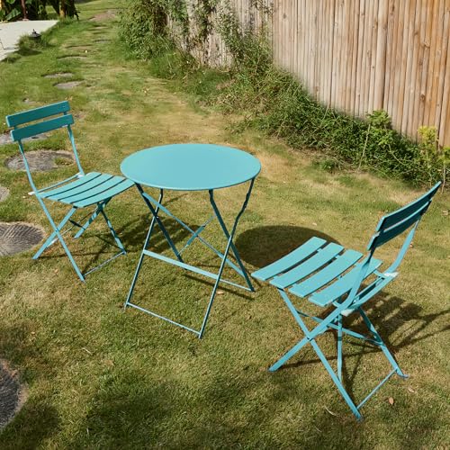 RELAX FIELD Lot de 3 meubles de jardin de balcon, résistants aux intempéries, pour petit balcon, table de bistrot avec 2 chaises, pliable, bleu paon