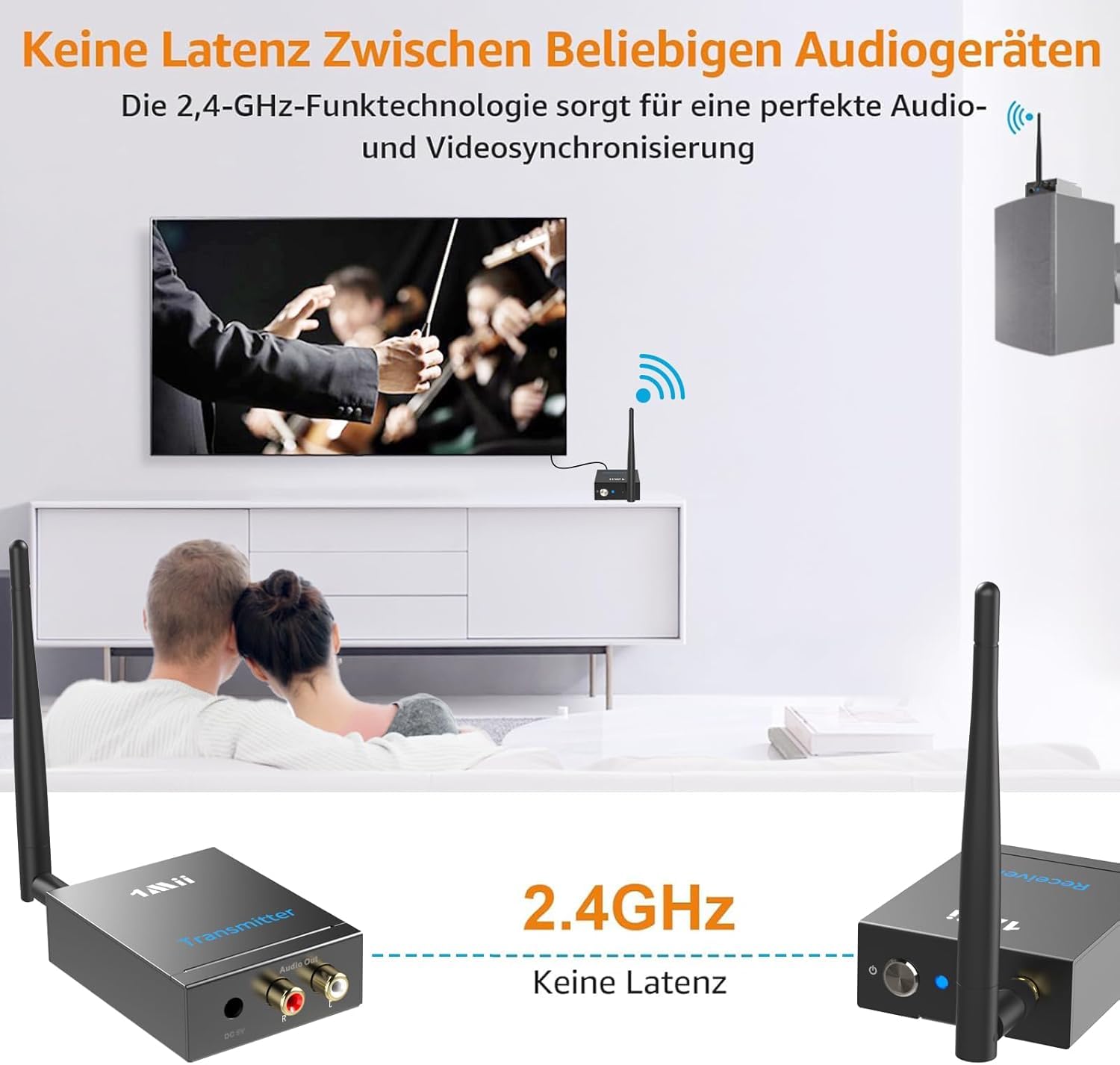 1Mii (1 TX + 1 RX) Drahtlos Audio Sender Empfänger, 2,4 G Funk Übertragung | Low Latency für HiFi-Musik von TV/PC zu Aktivlautsprecher/Verstärker/AV-Receiver, Cinch-Anschluss, 100m Große Reichweite