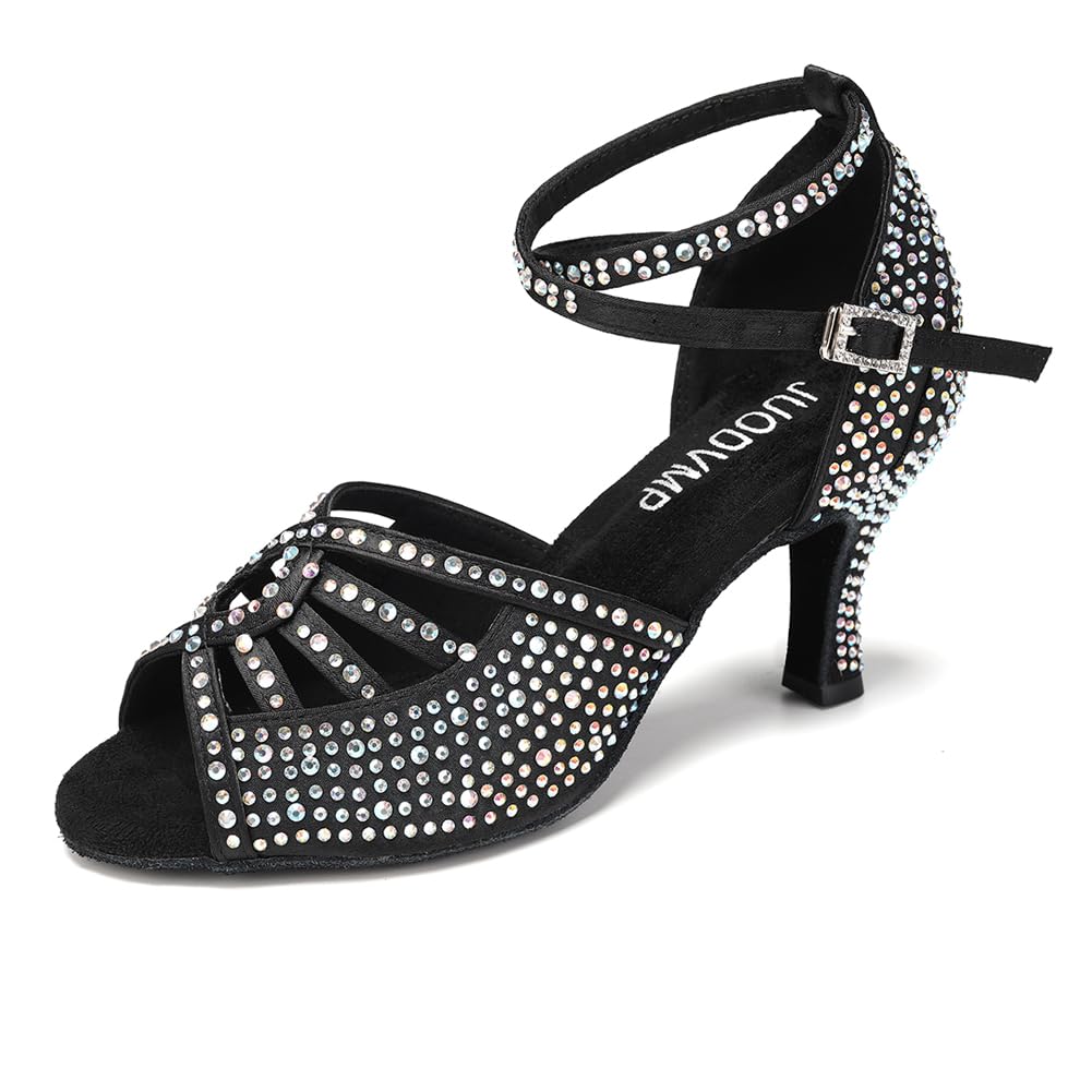 JUODVMP Women's Latin Dance Shoes Rhinestones Satin Ballroom Dancing Shoes Salsa Professional Dance Shoes