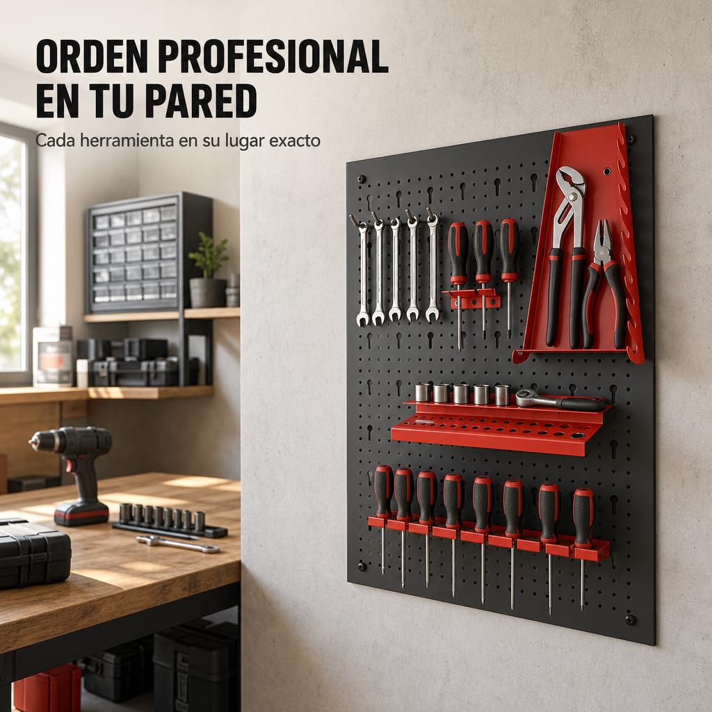 Panel Perforado de Pared para Herramientas – Set de 3 Tableros Metálicos con Accesorios: Ganchos, Soporte para Llaves, Estantes para Brocas, Soporte para Destornilladores y Herrajes de Montaje