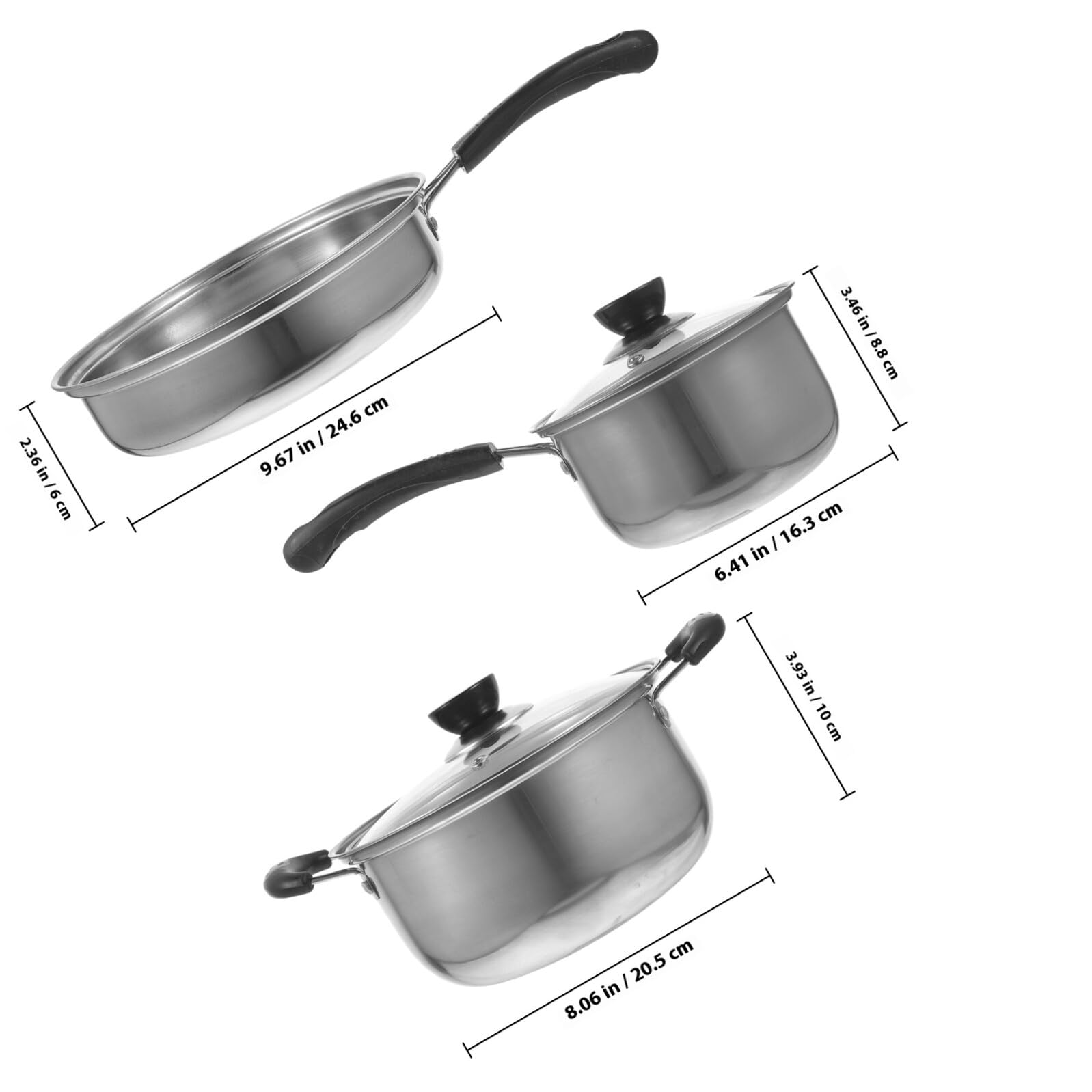 Lurrose Set da Cucina 3 Pezzi in Acciaio Inossidabile Resistente Pentola, Padella Anti Deformazione e Maneggevole, la Preparazione di Zuppe e Fritture