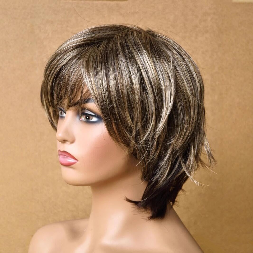 Pelucas sintéticas cortas y rizadas de corte pixie con gorro de peluca para mujer (Castaño Rubio Mixto)