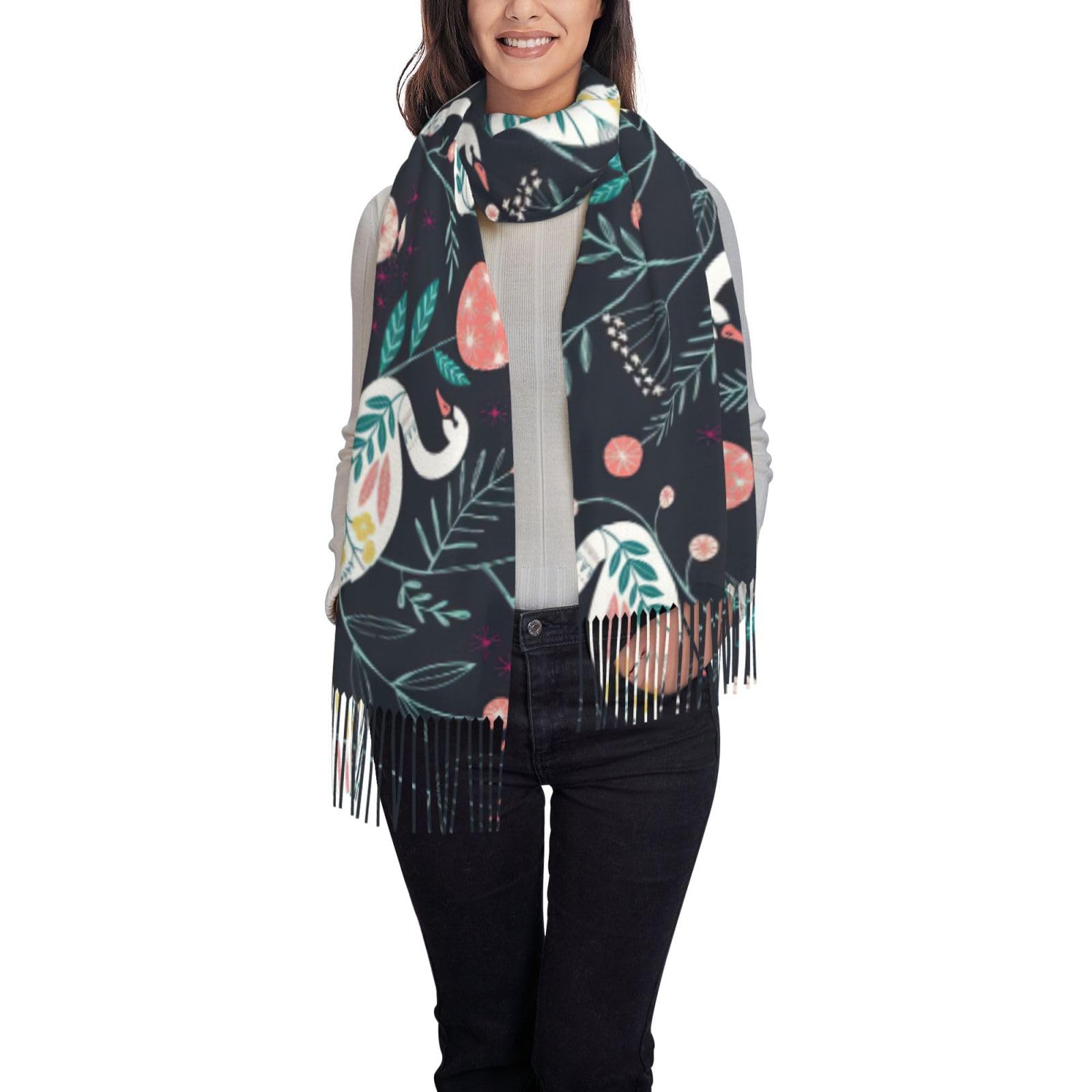 Sdegtho Black Floral Swan Printing Tassel Scarf, Winter Warm Cashmere Like Tassel Scarf For Autumn, Soft Lightweight With Tassels