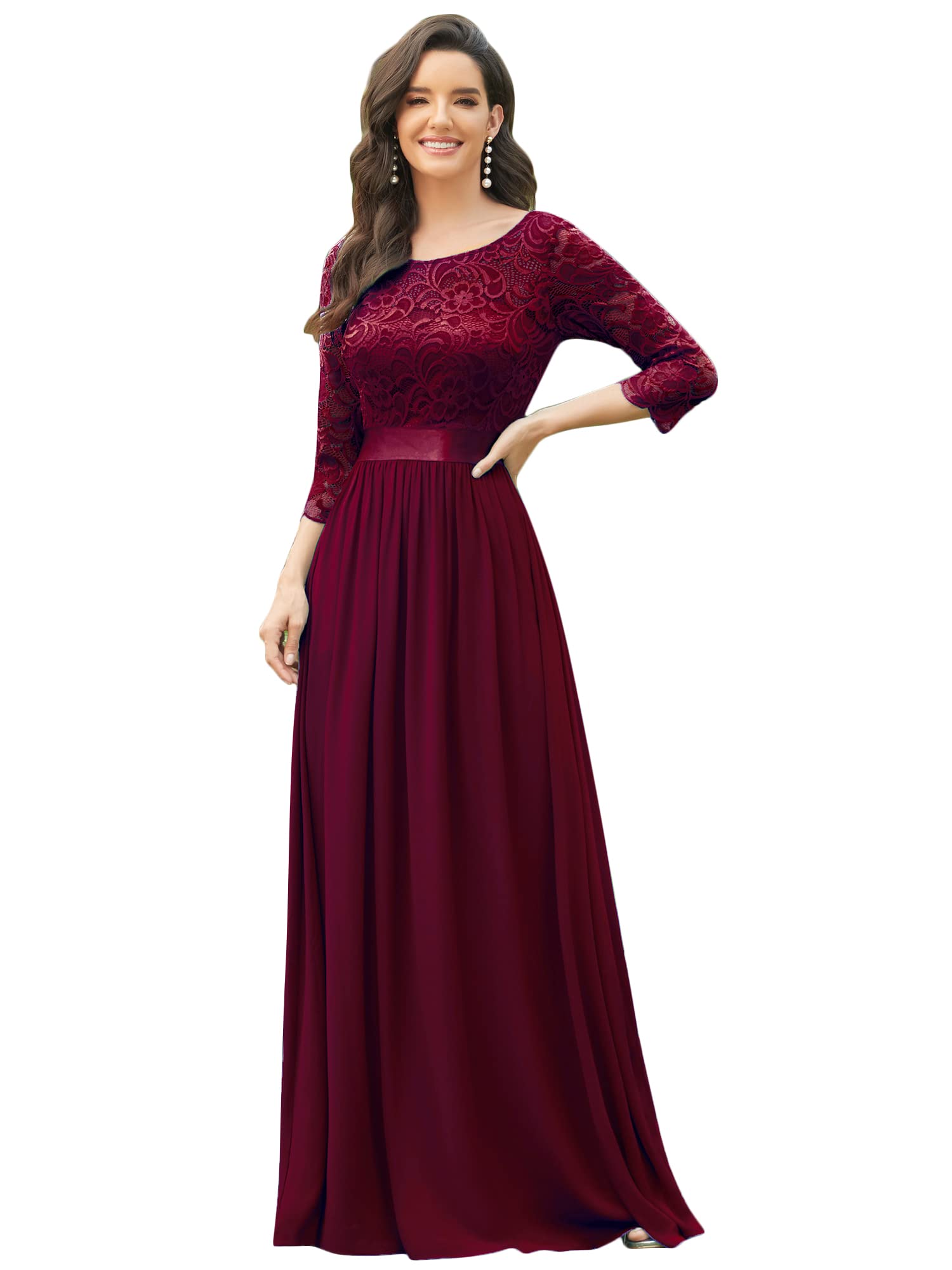 Women's Maxi Floral Backless Elegant A-Line 3/4 Sleeves Round Neck Lace High Waist Bridesmaid Dresses 07412, One Size (OS)