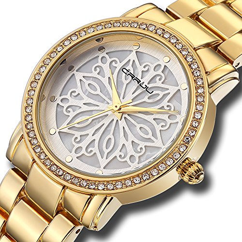 Preisvergleich Produktbild CRRJU Damen-Uhren Edelstahl Schmuck Uhren Band runden Zifferblatt Gold