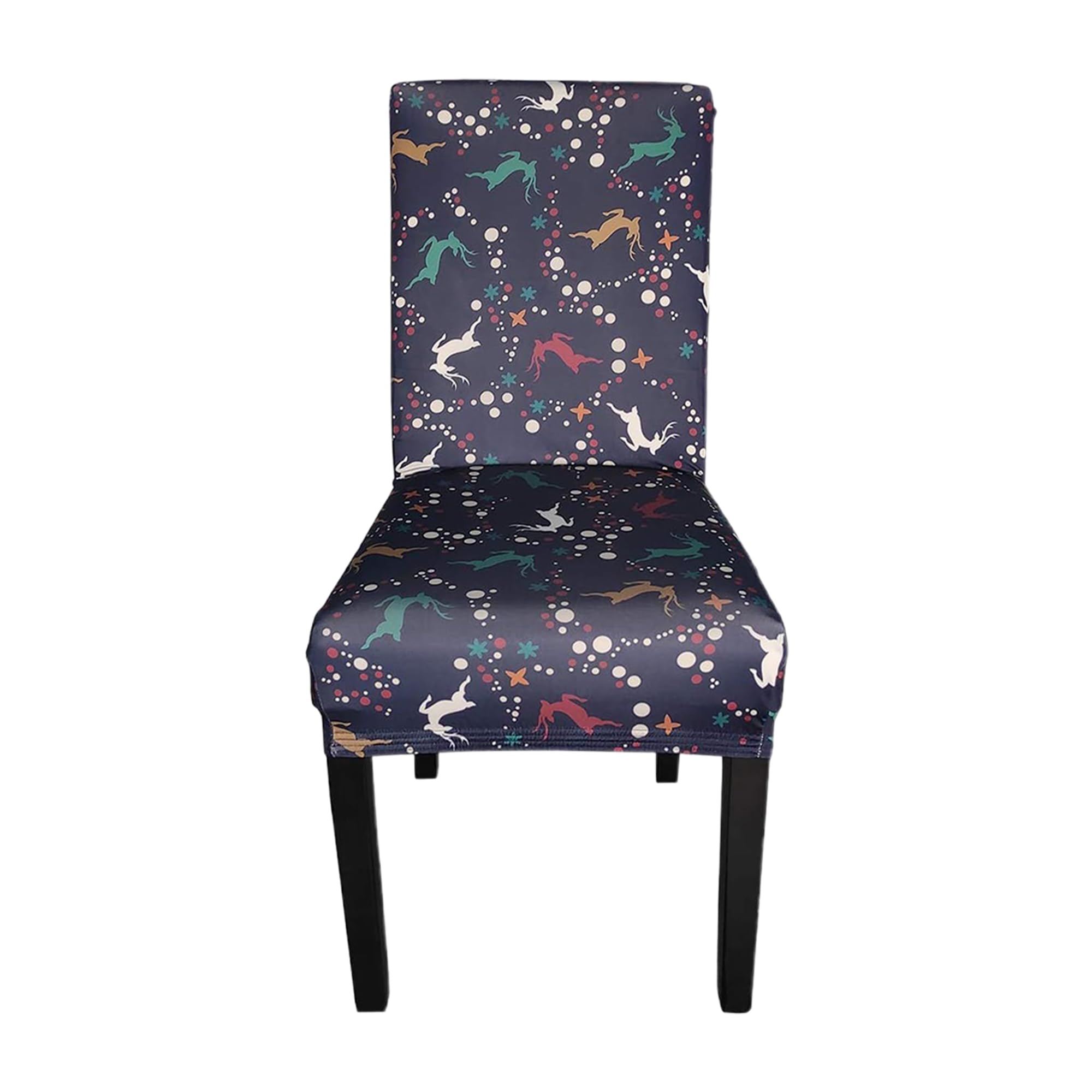 Printed High-Back Chair Covers for Dining Room Chairs Spandex Stretch, Universal Armless Chair Protective Slipcover for Kitchen, Party, Banquet & Hotel, Reindeer & Snowflakes - Navy Blue, Pack of 6