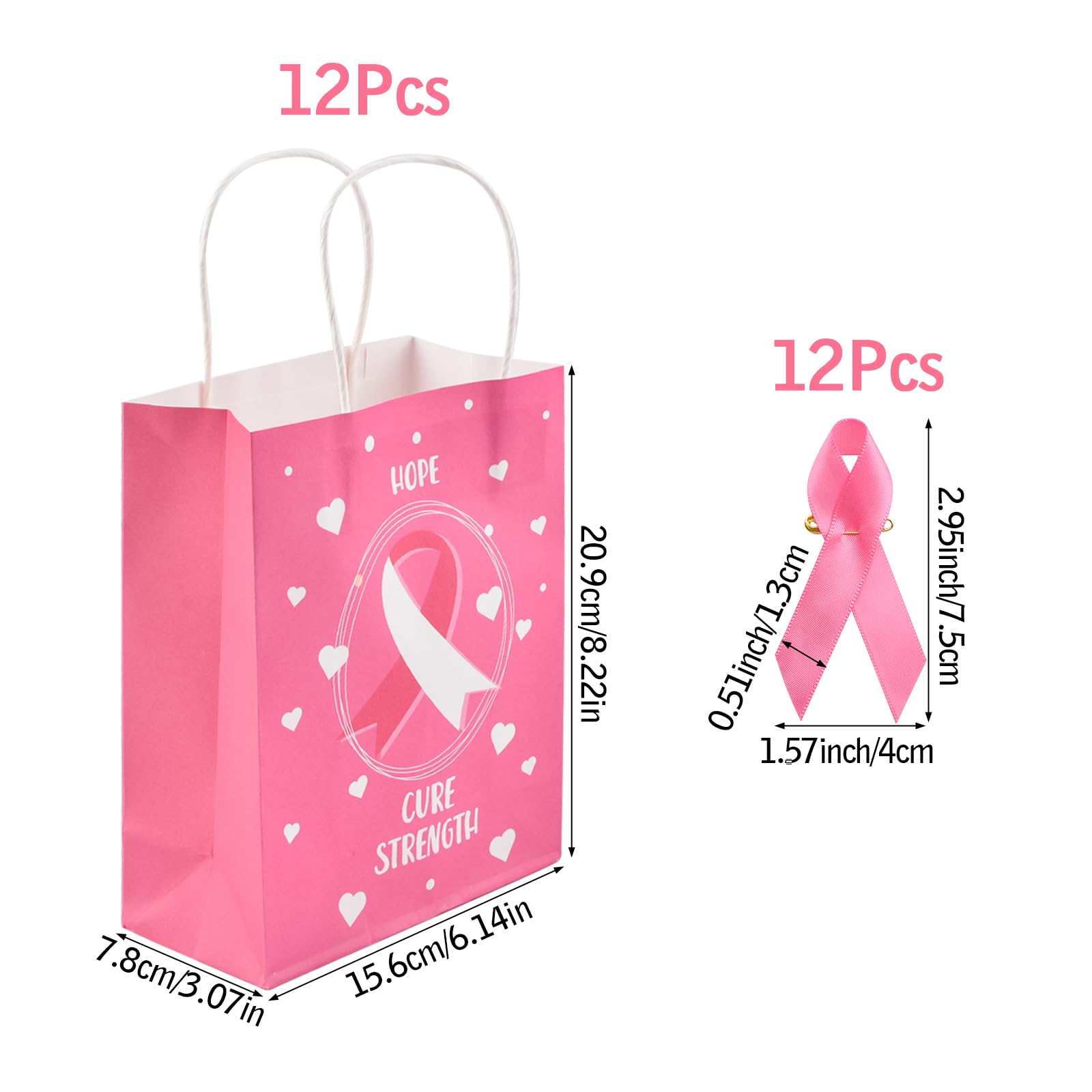 WANDIC 24 Pièces Fournitures De Sensibilisation Au Cancer Du Sein, Y Compris 12 épingle à Ruban Rose Et 12 Sacs Cadeaux Kraft Sans Cancer Avec Poignée Pour Les Cadeaux