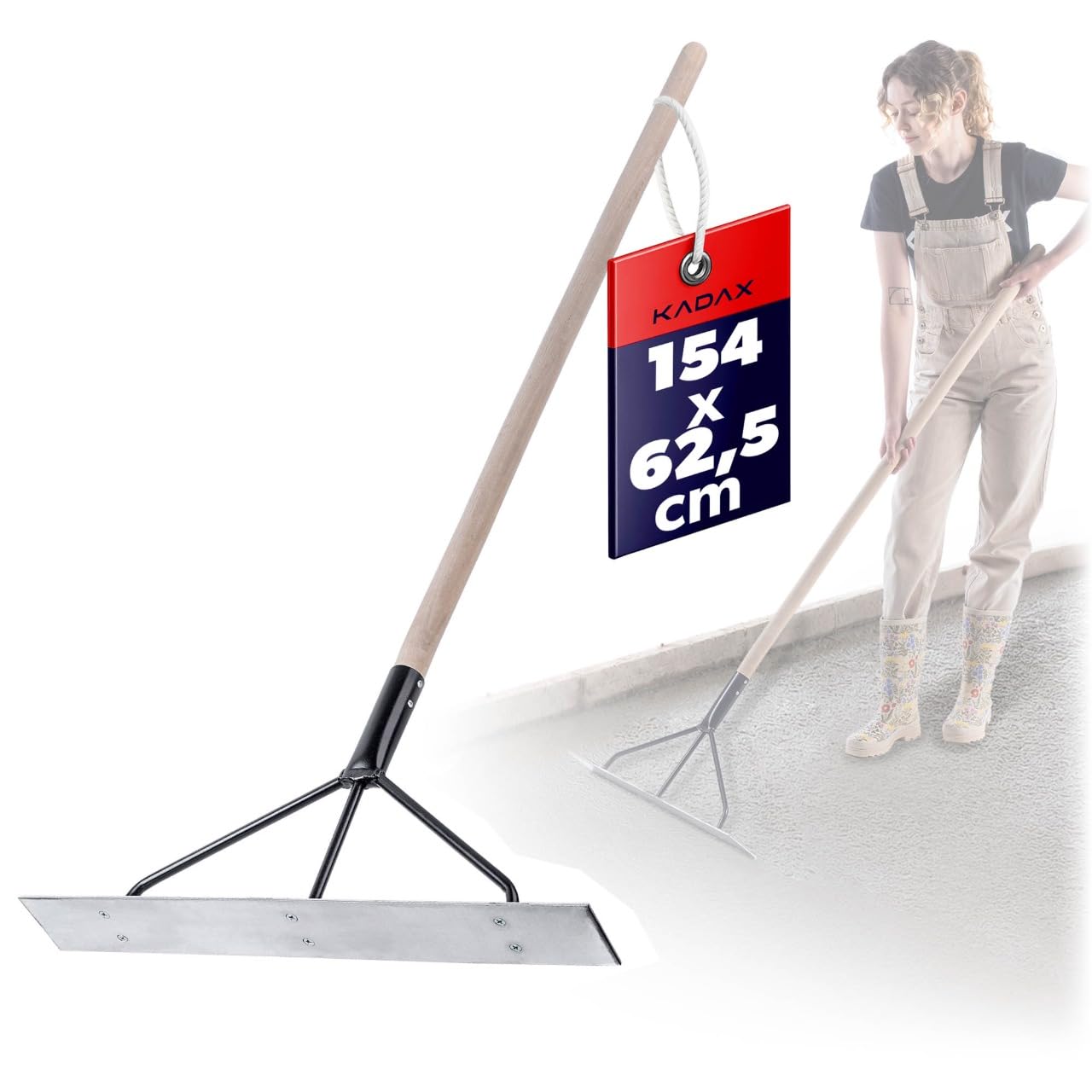 KADAX Distributeur de béton en aluminium, 62,5 x 9 x 154 cm, distributeur de goudron profilé, lames de béton triple entretoise, pelle à béton (avec manche)
