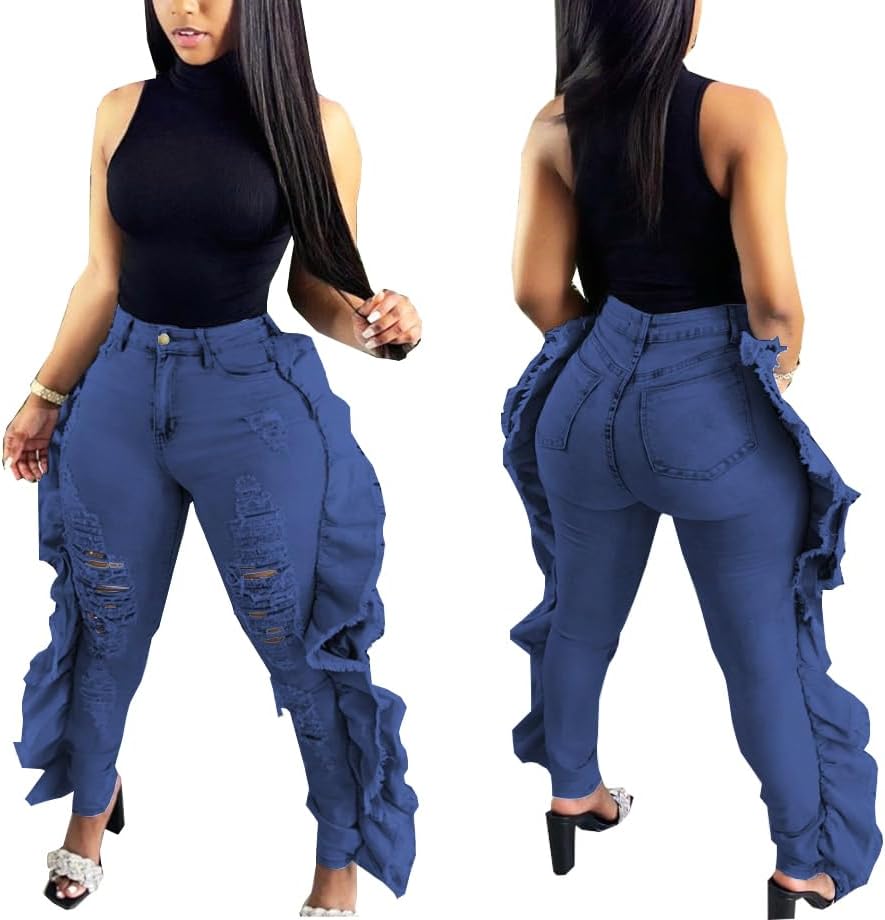 SperLucky Plus Size Jeans for Women Blue High Waisted Distressed Casual Jeans - Image 4