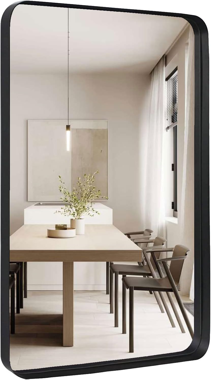 18"x24" Bathroom Mirror Black Mirror Shatterproof Rectangle Wall Mirror Rounded Corner, Modern Vanity Mirror Metal Frame Hangs Horizontal Or Vertical for Bedroom, Living Room, Home Mirrors Decor 18" x 24" Black