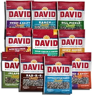David Sunflower Seeds Variety Pack, Curated Flavors Include BBQ, Dill Pickle, Ranch, Bacon Mac n Cheese, Buffalo Ranch, Sweet and Salty, Sweet and Spicy, Jalapeno, Sour Cream and Onion, and Spicy