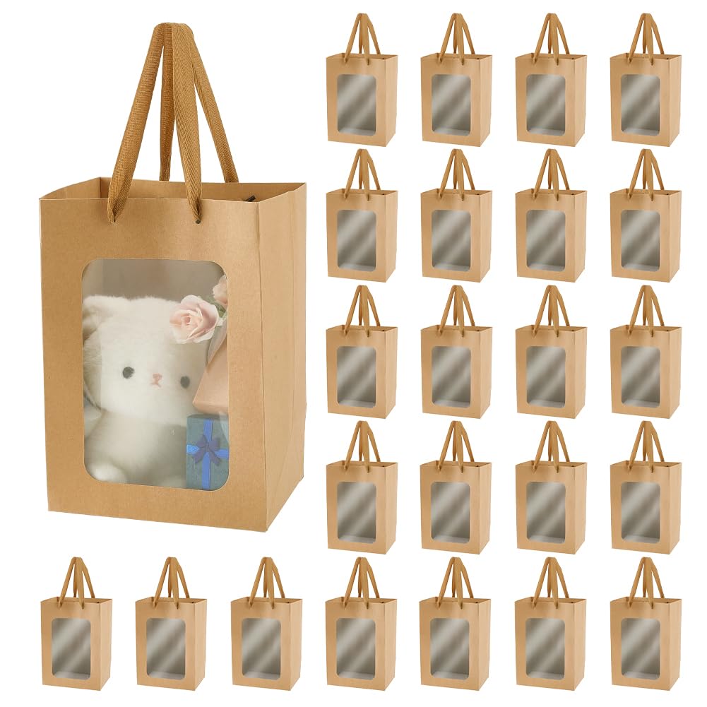 NBEADS 24 Pcs Kraft Paper Bags with Window, 17.8x13x24.8 cm Gift Bag with Handles Gift Bag with Clear Window for Candy Cookies Packaging Wedding Christmas Party Store Retail, Tan