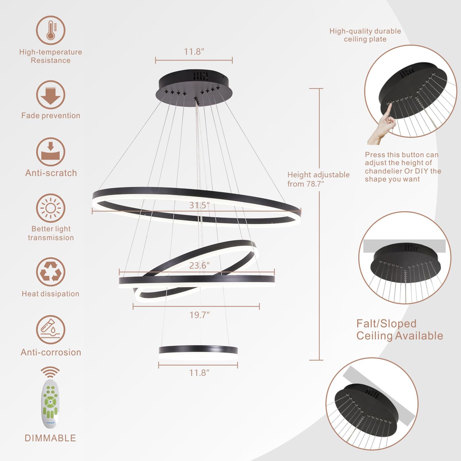 HiHiHomy 4 Ring Modern Black Chandelier, Circles Pendant Light Fixture for High Ceiling, Led Acrylic Chandelier, Dimmable 78.74'' High Ceiling Light with Remote for Dining Room Staircase Foyer