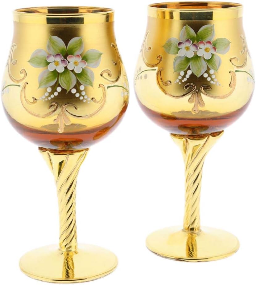 Glass Of Venice Set Of Two Murano Glass Wine Glasses 24K Gold Leaf - Golden Brown