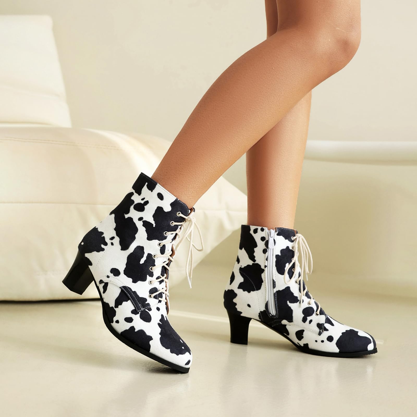 Cozivwaiy Women Lace up Vintage Boots with Zipper Block Heel Ankle Boots Victorian Booties 70s Animal Print Boots
