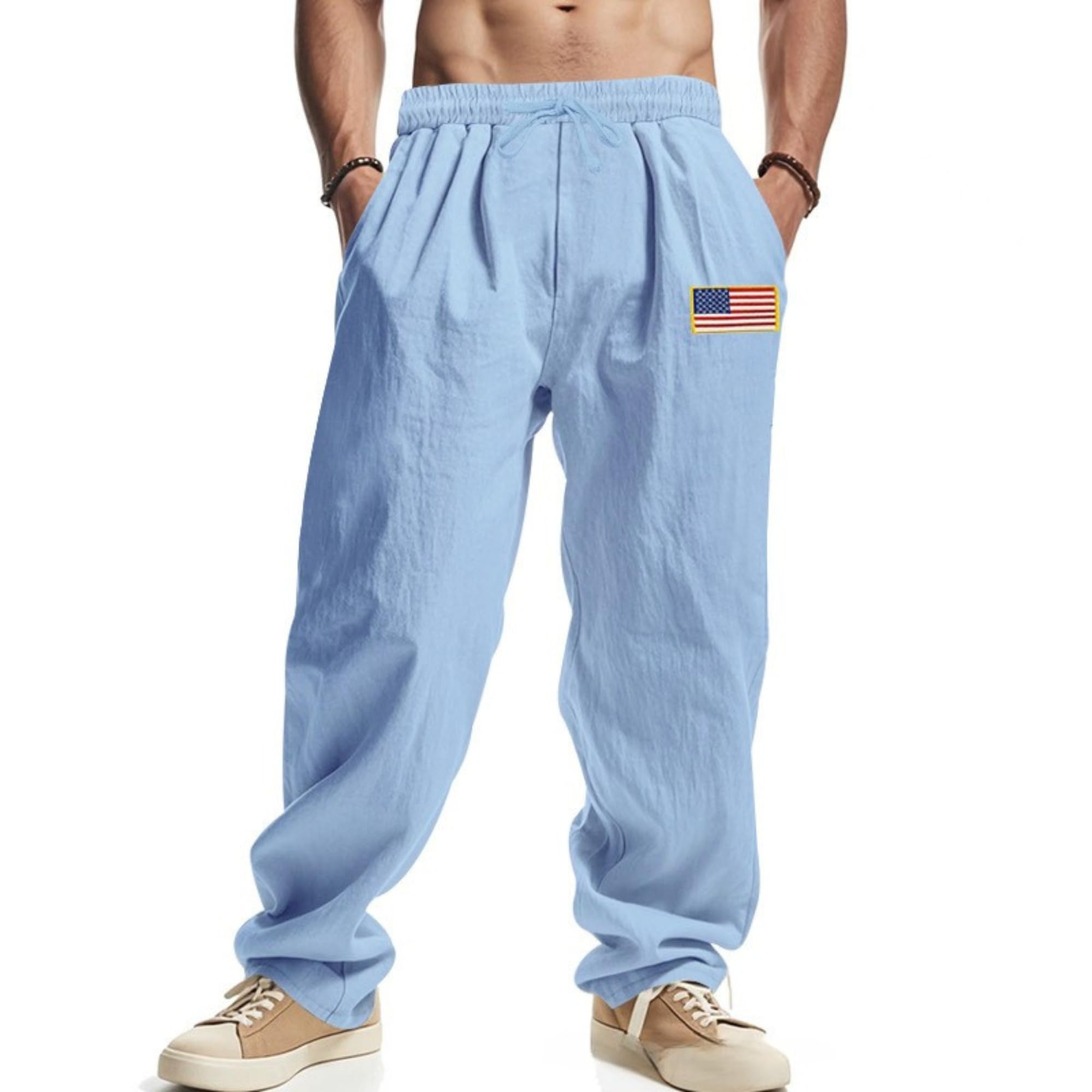 Men Summer Linen Pants USA Flag Splicing Hip Hop Pants Elastic Waist Drawstring Wide Leg Yoga Beach Trousers