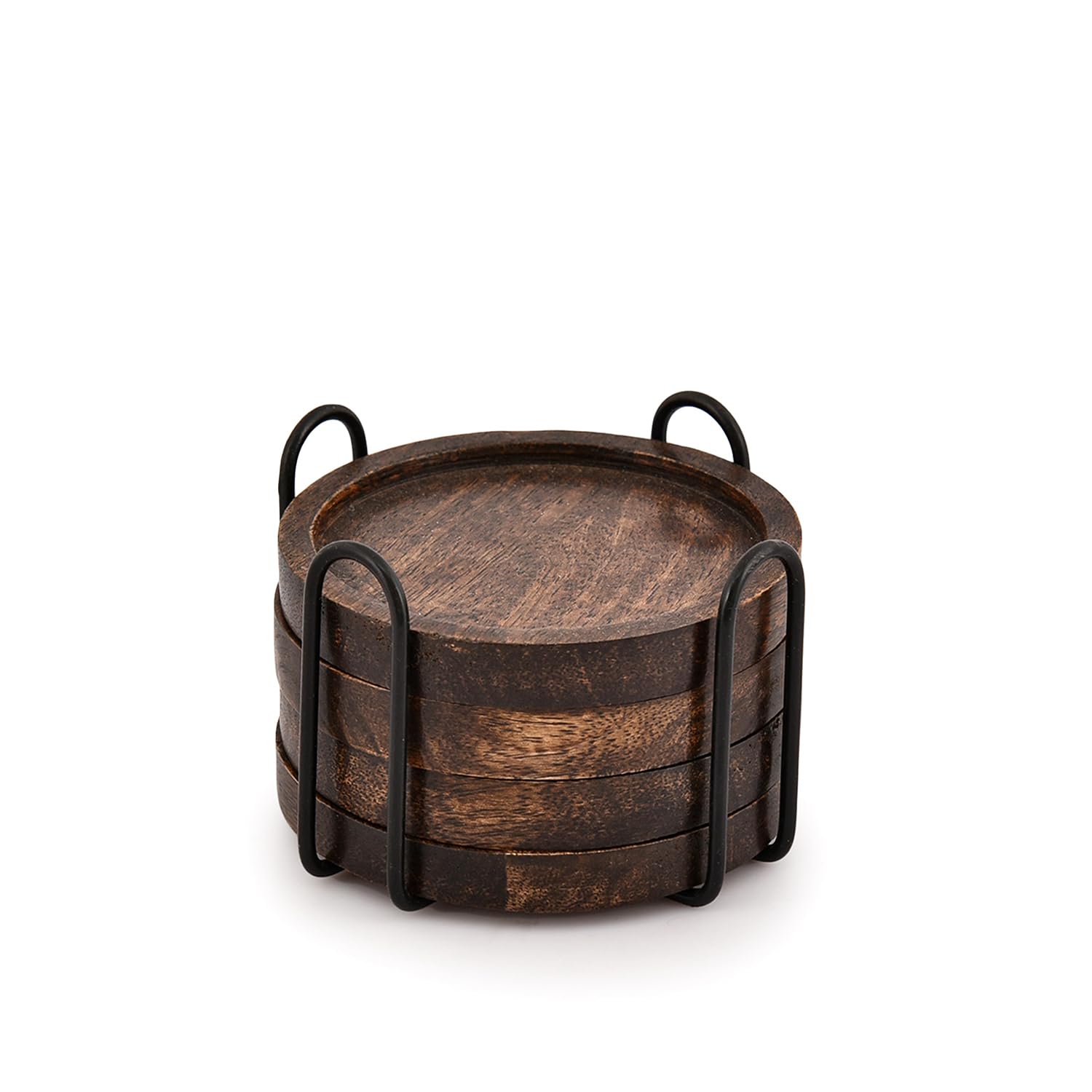 SAMHITA Mango Wood Coasters for Drinks with Iron Holder Stand Set of 5 for Drinking Glasses, Tabletop Protection for Any Table Type-image-27