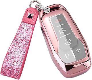 Royalfox(TM) 4 5 Buttons TPU keyless Entry Remote Key Fob case Cover for Ford Mustang F150 F450 Explorer Taurus Fusion Edge Lincoln MKZ MKC MKX Key Strap (Rose Gold)