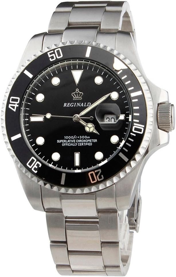 Reginald Green Dial Rotatable Bezel Luminous Hand Quartz Mens Silver Stainless Steel Watches (Black)