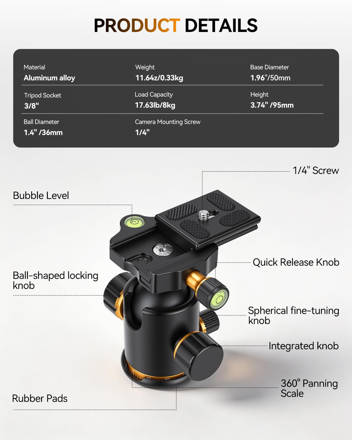 Pergear TH3 Pro Cabezal de Bola de trípode para cámara DSLR, Capacidad de Carga de 8KG/17,6 lbs, Giro de 360 Grados, Calidad de construcción de Metal, amortiguación de Ajuste Fino