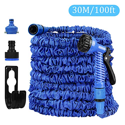 Preisvergleich Produktbild Redmoo Gartenschlauch, Flexischlauch Wasserschlauch Ausgedehnt, Dehnbarer Gartenschlauch mit 7 Multifunktions Sprühkopf, Flexibler Gartenschlauch, Bewässerung Gartenarbeit Autowäsche (Blau,30m / 100ft)