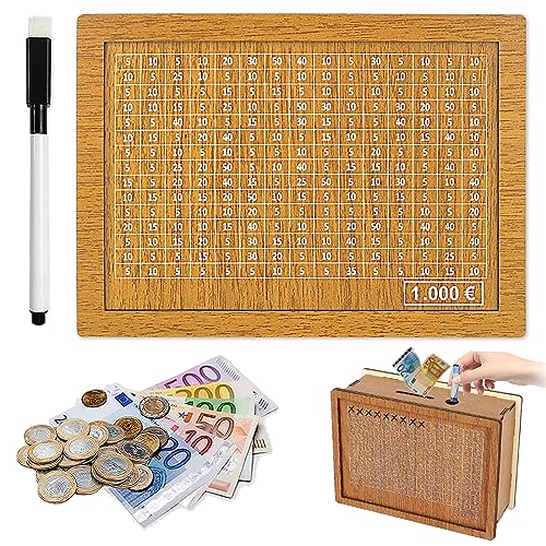 FMKLDENA Spardose aus Holz Retro Sparbüchse Aufbewahrungsbox Wiederverwendbare Spardose mit Sparziel und Zahlen zum ankreuzen Sparschwein mit Marker für Hilft Kindern Die Gewohnheit Zum Sparen