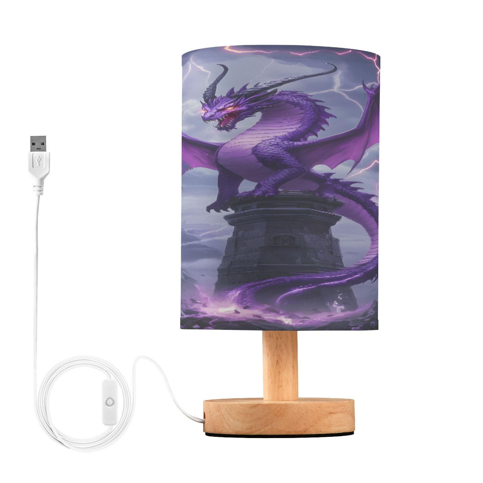 ALAZA Purple Dragon Lightning Table Lamp for Bedroom USB Port Bedside Lamp Small Nightstand Desk Lamp for Girls Boys Kids Room Office Living Room Decor