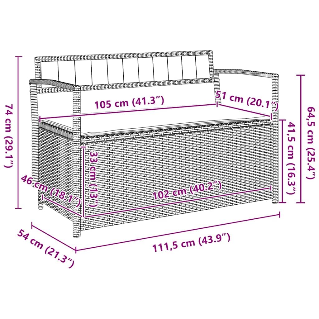 Banc de Jardin avec Coffre de Rangement Marron en résine tressée, Assise Confortable avec Coussin Blanc crème, idéal pour terrasse Balcon Patio Cour Veranda, capacité 110 kg