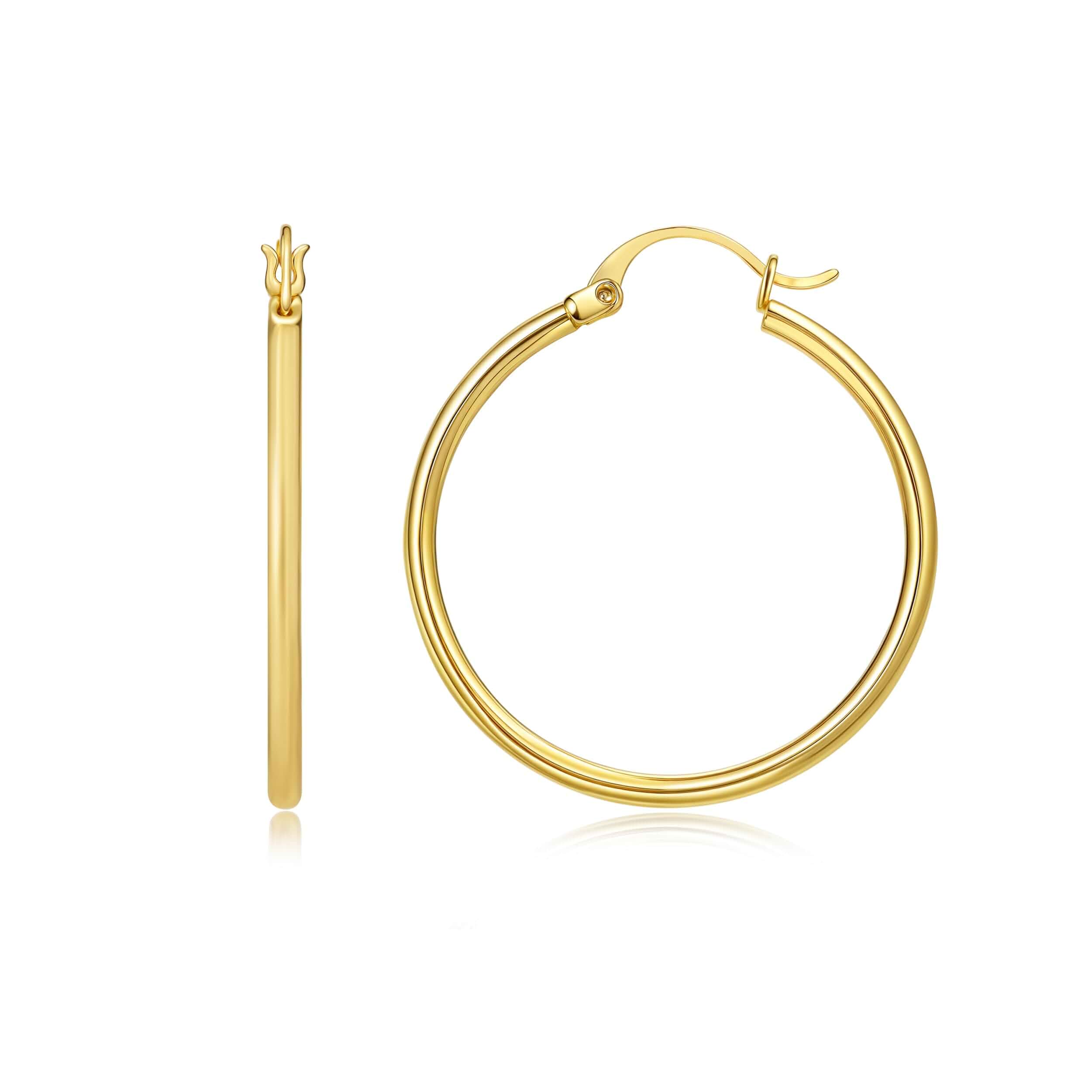 YUVOLA 14k Yellow Gold Hoop Earrings for Women Real Gold Classic Polished Round Hoops 2mm Thick 12/16/25/30/35mm Everyday ...