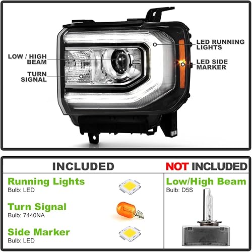 Miniatura 2 de ACANII - Para [modelo HID/Xenon] 2016 2017 2018 GMC Sierra 1500 LED DRL proyector faro reemplazo - Conductor