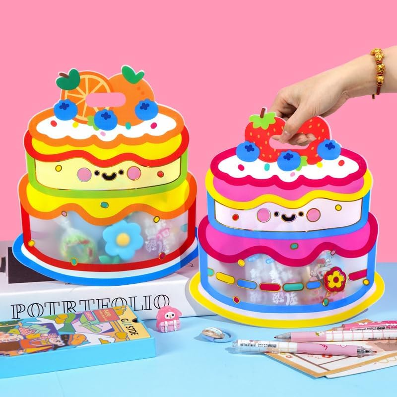 20 Pcs Cute Cake Shape Gift Bags with Handle, Cartoon Plastic Candy Cookie Storage Packaging for Wedding Birthday Baby Shower Party Supplies, Reusable Snack Ziplock Seal Party Favor Bags