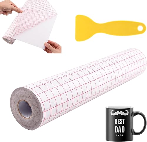 1 rollo de cinta de transferencia de vinilo de adherencia mediana con raspador de plástico, papel de transferencia transparente de cuadrícula de