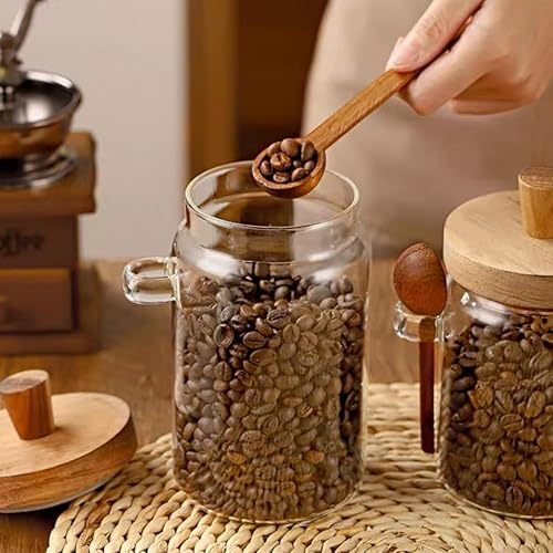 Miniatura 5 de ANSQU Juego de 2 tarros de vidrio para almacenamiento de alimentos con tapa de madera de bambú y cuchara, recipientes de cocina de vidrio de 20.3