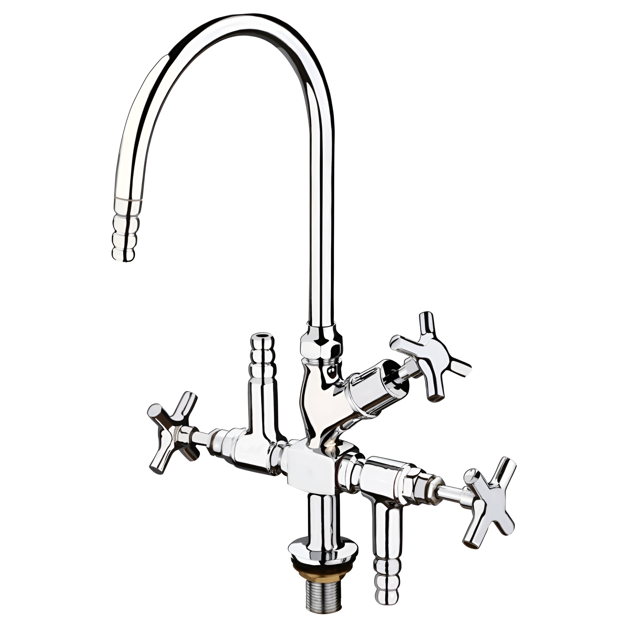 New Ware Lab Cock Three Way Tap with 360 Degree Swivel Brass Spout Swan Neck Pillar for Laboratory - Heavy Brass Made Chrome Finish