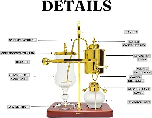 Miniatura 2 de Nispira Belgium Royal Family Balance Syphon Unique Gravity Vintage Cafetera Sistema de preparación al vacío Oro 16.9 fl oz