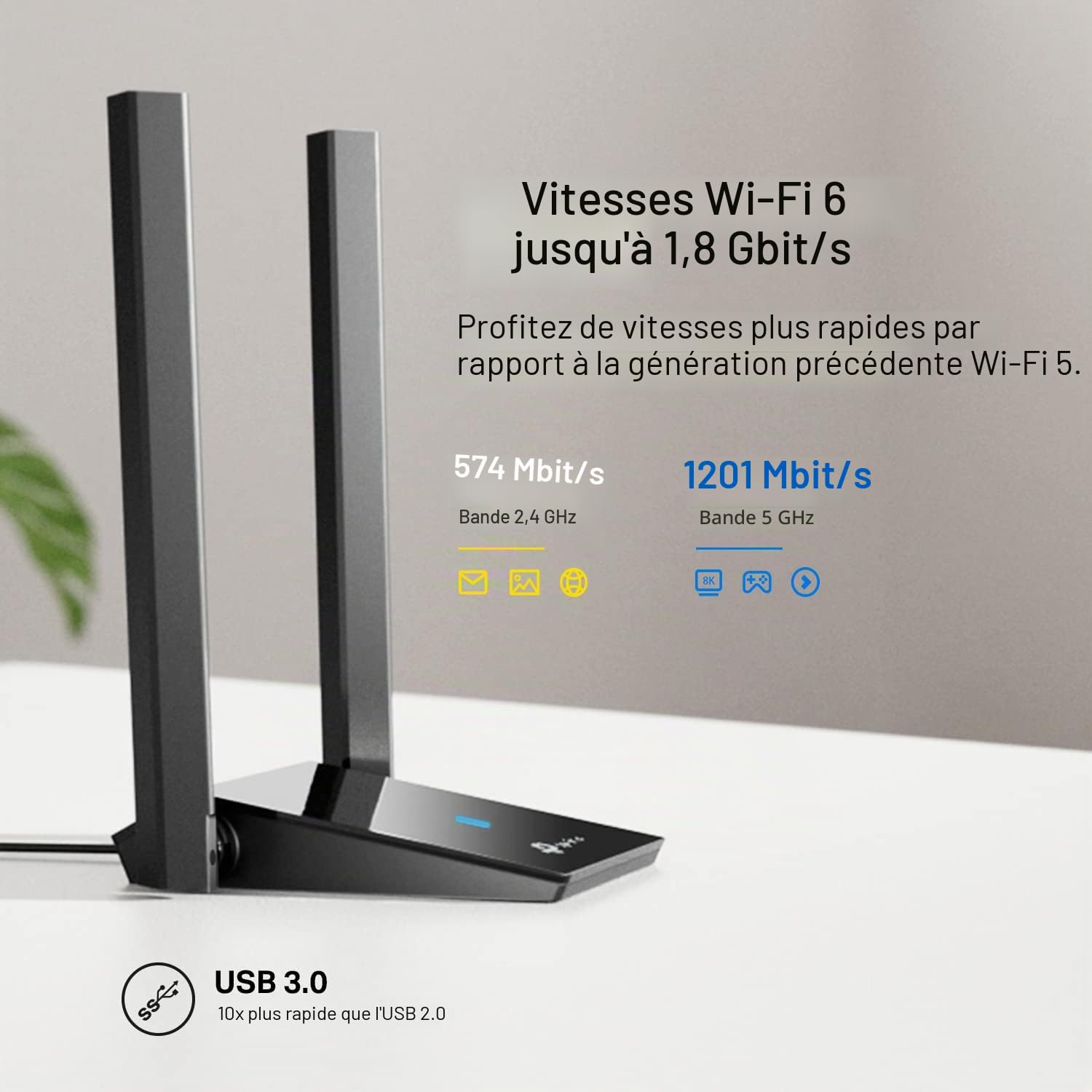 TP-Link Adaptateur WiFi 6 USB pour PC de bureau – (Archer TX20U Plus) AX1800 Adaptateur réseau sans fil avec 2,4 GHz, 5 GHz, antenne double bande 5 dBi à gain élevé, WPA3, prend en charge Windows