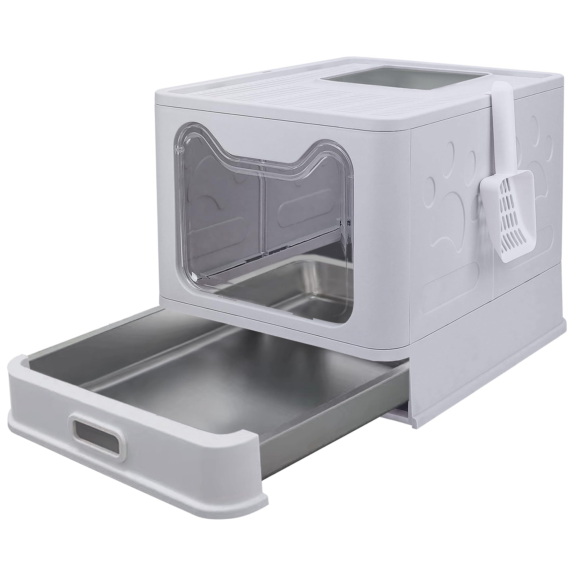 Tokenkuko Stainless Steel Foldable Litter Box with Lid,Enclosed Cat Litter Box,Front Entry Top Exit Kitty Litter Box,Large Litter Box with Cat Litter