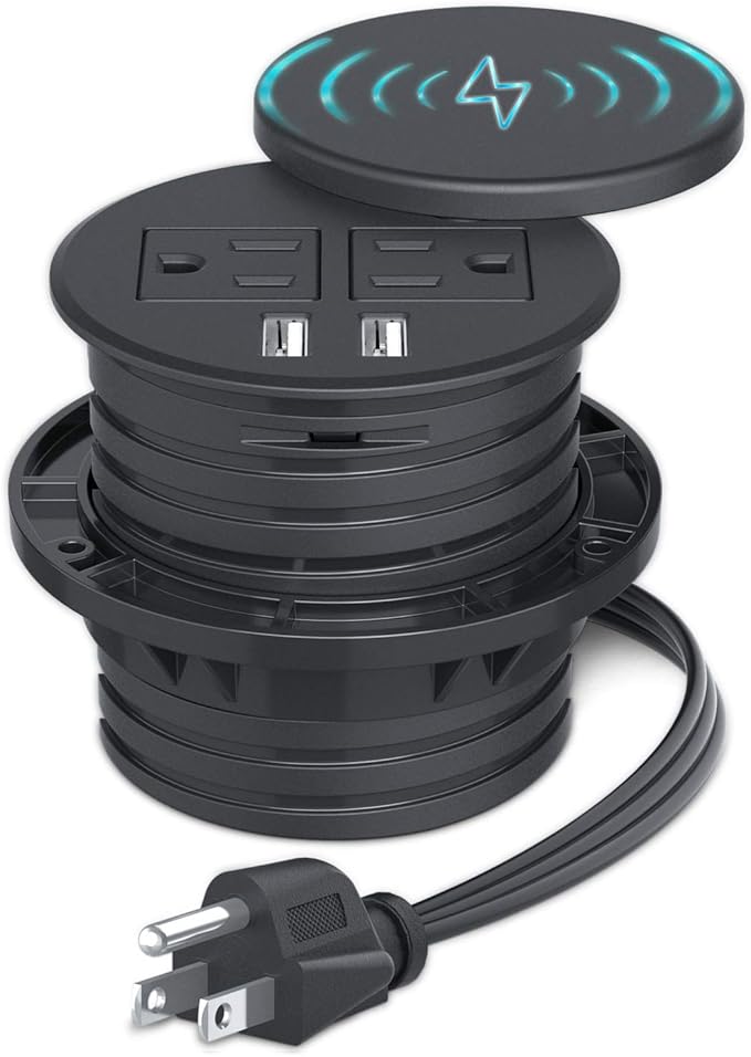 Desktop Power Grommet with Wireless Charger,Countertop Power Grommet Outlet with 2