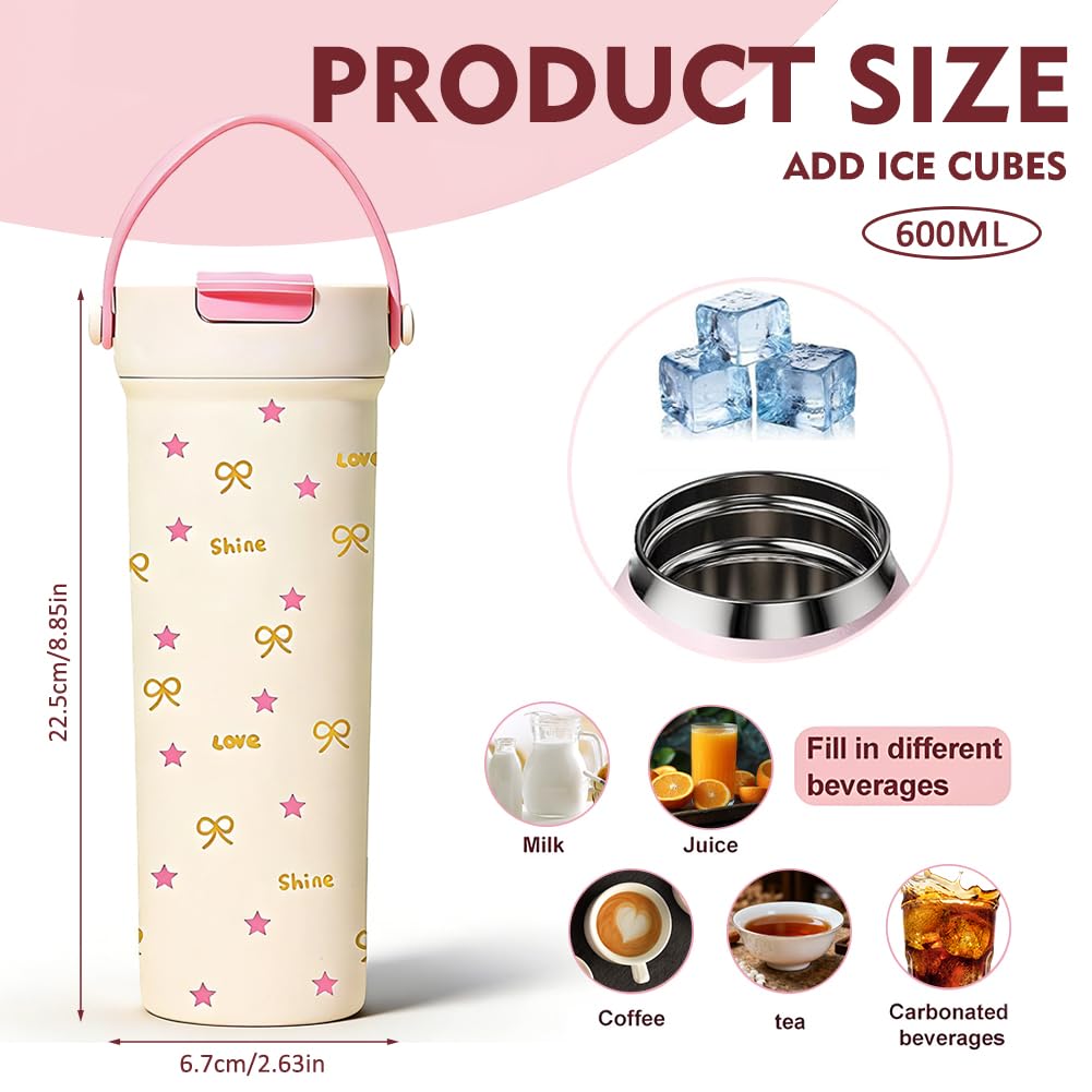 Pink Stainless Steel Straw Lid Tumbler 20oz with Bow Tie & Star Print - Image 2