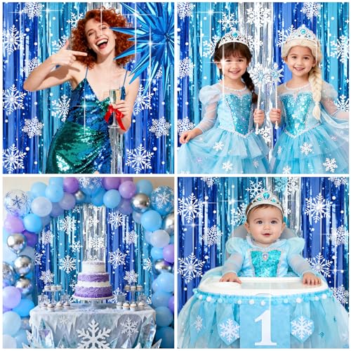 Image of 2 Packs Snowflake Foil Fringe Curtain, Blue Silver Ice Glitter Metallic Tinsel Backdrop for Princess Birthday Baby Shower Santa Claus Christmas Winter Wonderland Party Decoration Supplies