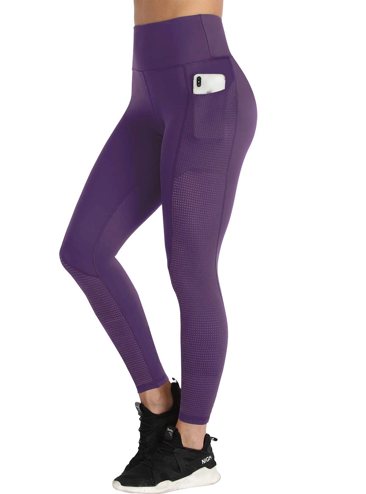 RAYPOSE Women's Workout Leggings for Women with Pockets Gym High Waisted Yoga Pants Plus Size with Mesh Cut Out Dark Purple-L