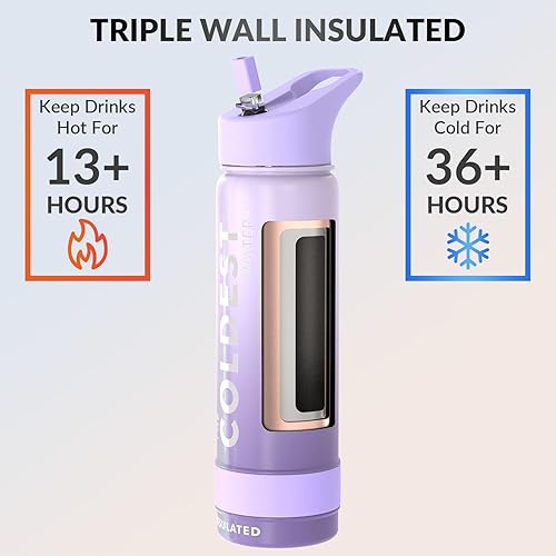 Miniatura 10 de COLDEST Botella de agua deportiva de 24 oz (tapa con pajilla) a prueba de fugas de acero inoxidable con aislamiento al vacío para bebida fría o