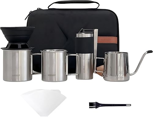 Miniatura 8 de Juego de cafetera portátil todo en 1, molinillo de café manual con rebabas cónicas de acero inoxidable, juego de gotero de café plegable de