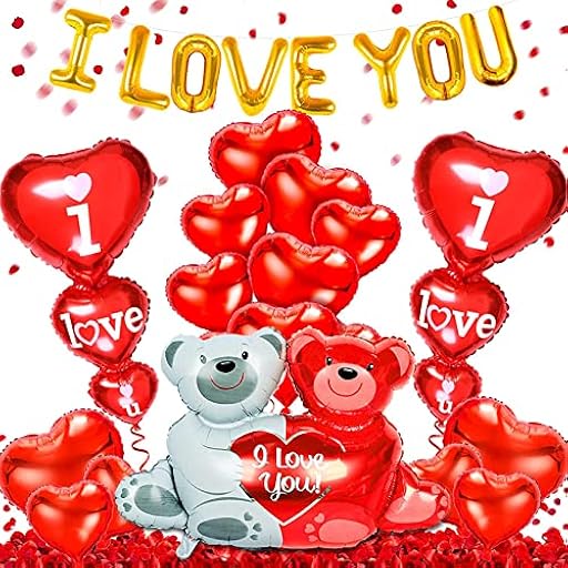 Decoración de San Valentín Globos, Corazón Rojo Globos, Amor Oso Globo, I LOVE YOU Globo Pancartas, 500PCS Pétalos de Rosa Artificiales, Kit Romantico Decoracion San Valentin, Boda | Ya disponible en tu tienda friki favorita! En mundofriki.es!
