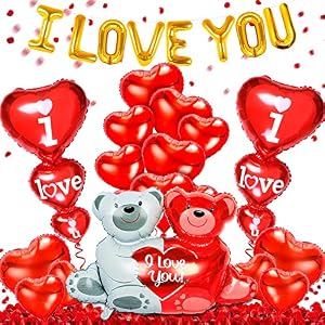 Decoración de San Valentín Globos, Corazón Rojo Globos, Amor Oso Globo, I LOVE YOU Globo Pancartas, 500PCS Pétalos de Rosa Artificiales, Kit Romantico Decoracion San Valentin, Boda