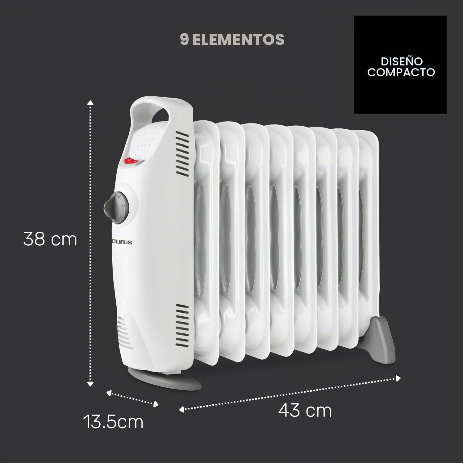 Taurus – Radiador eléctrico Masai 1000 | 9 Elementos | Muy compacto | Termostato Ajustable | 3 Intensidades calor | Protección sobrecalentamiento | Termo Tech | Desconexión Total