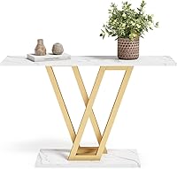Vista 4 de LITTLE TREE Mesa consola de pasillo para entrada, mesa de sofá de 43 pulgadas, mesas de entrada para sala de estar, blanco y dorado
